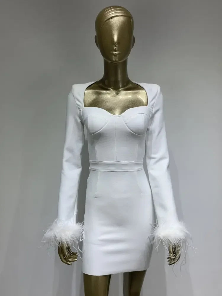 Sexy Long Sleeve Feather Mini Bodycon Dress