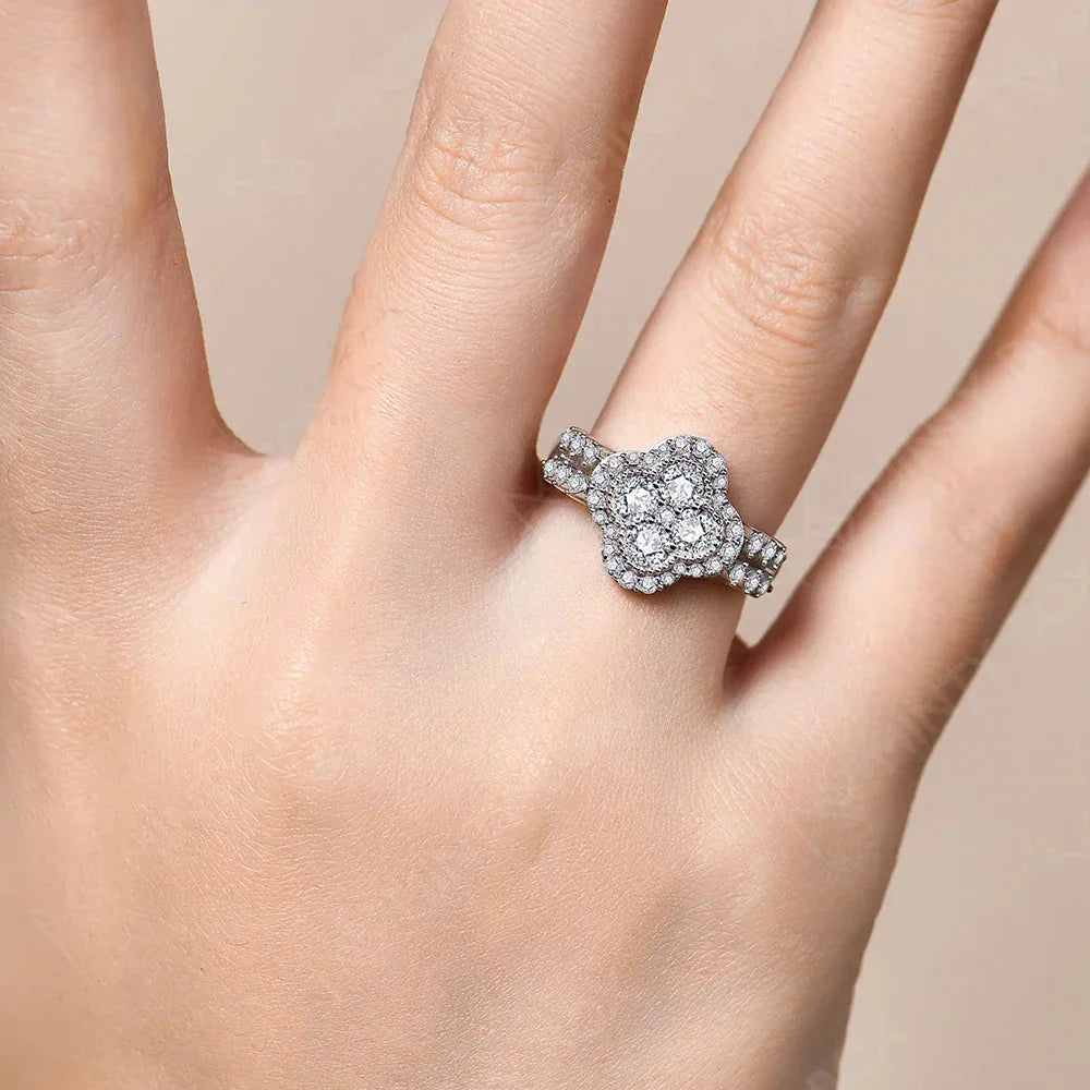 Four Leaf Moissanite 18k White Gold Plated Diamond Ring
