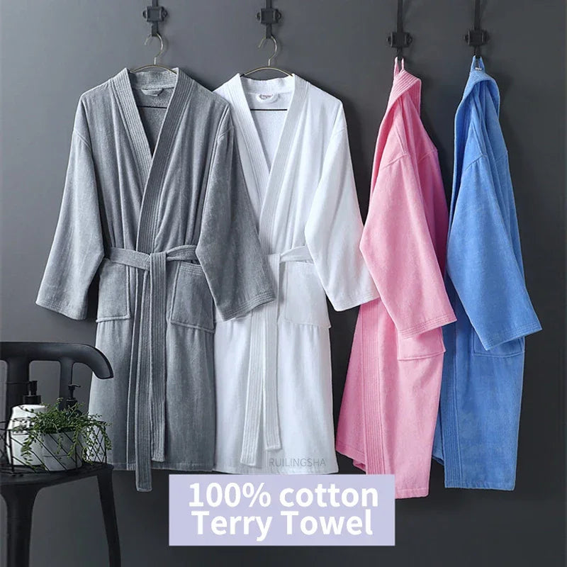 Women 100% Cotton Terry Bath Robe Plus Size Suck Water Towel Bathrobe Kimono Dressing Gown Winter Summer Men Waffle Sleepwear
