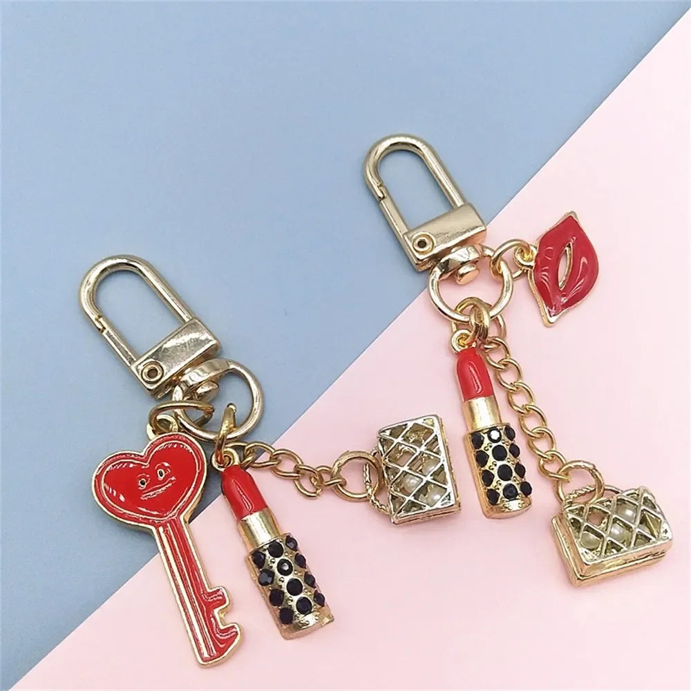 New Lipstick Lips Keychain with Black Rhinestones Key Ring Delicate Metal Pendant Charms for Women Girl Bag Car Accessories