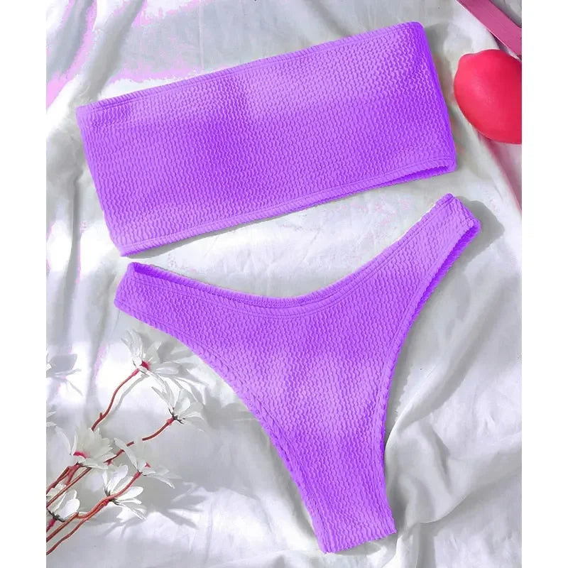 Textured High Cut Bandeau Brazilian Bikini