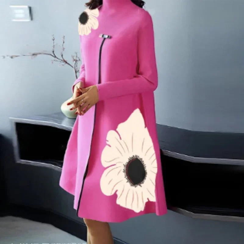New Autumn Winter Women Long Sleeved High Split Design Dress Female Flower Printed Loose A-Line Dress Lady Half Turtleneck Dress