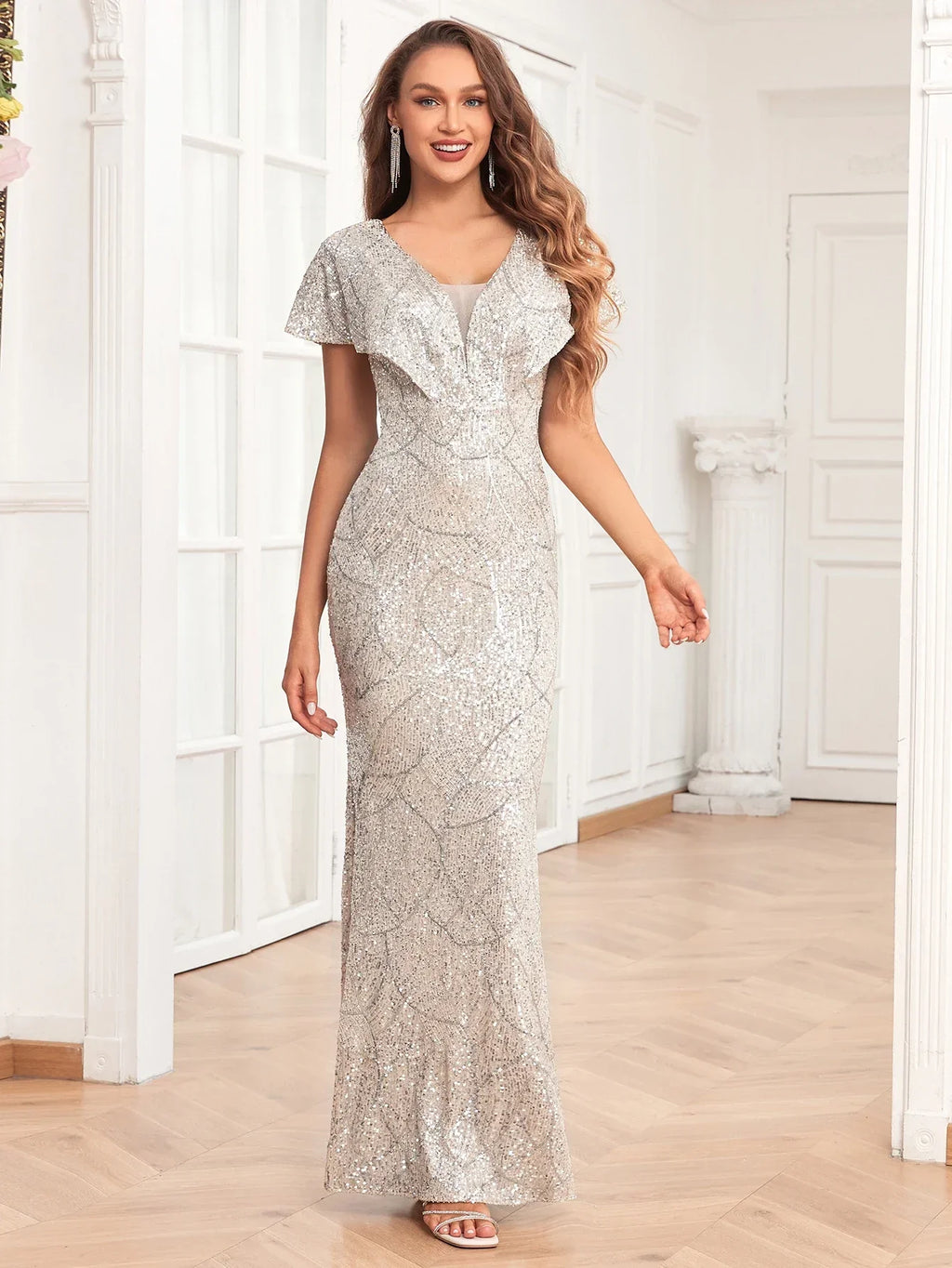 New Butterfly Sleeve Evening Gown Double V Neck Fully Lined Mermaid Wedding Dress Sequined Floor-length Dress