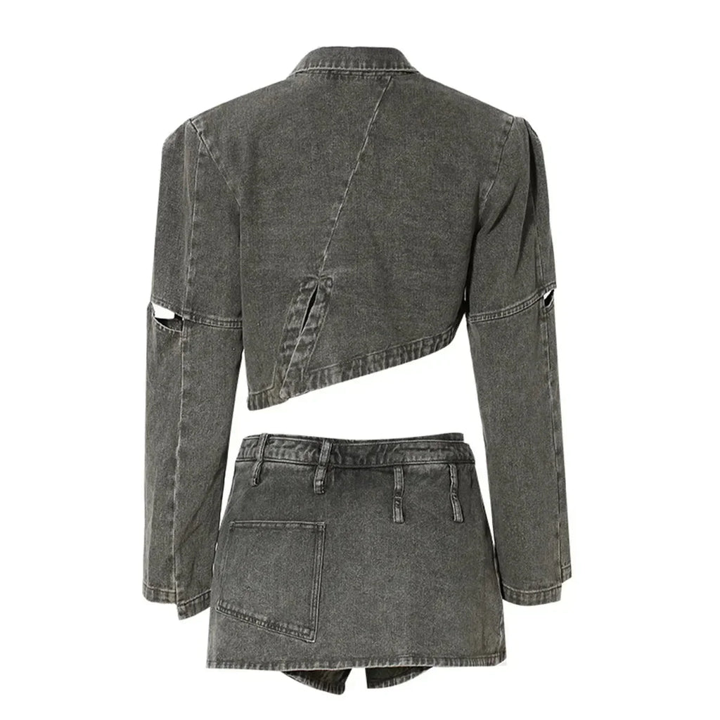 New Casual Spring Fashion Denim Jeans Jacket Mini Skort 2 Piece Set Clothing Solid Color Matching Set Women Two Piece Skirt Set
