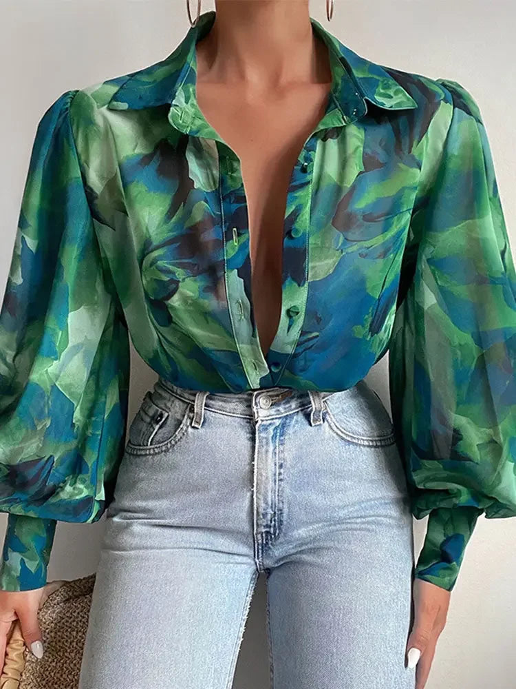 Women's Floral Print Puff Sleeve Shirt Female Elegant Casual V Neck Shirts 2023 Spring Summer Ladies Tops Blouses Vintage Blouse