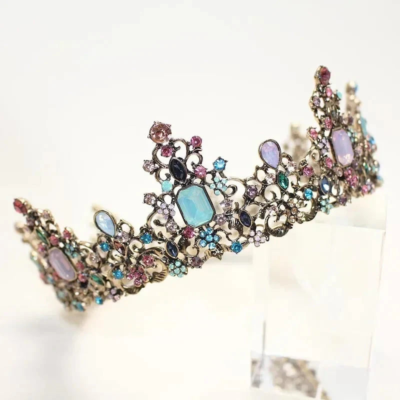 Round Colorful Crystal Rhinestone Wedding Queen Crown Headwear Retro Bridal Crown Color Headwear Crown Party Dress Hair Accessor