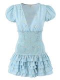 GypsyLady Floral Printed Chic Boho Mini Dresss Cotton V-neck Ruffles Blue Holiday Women Tiered Ladies Party Dresses Vestidos New