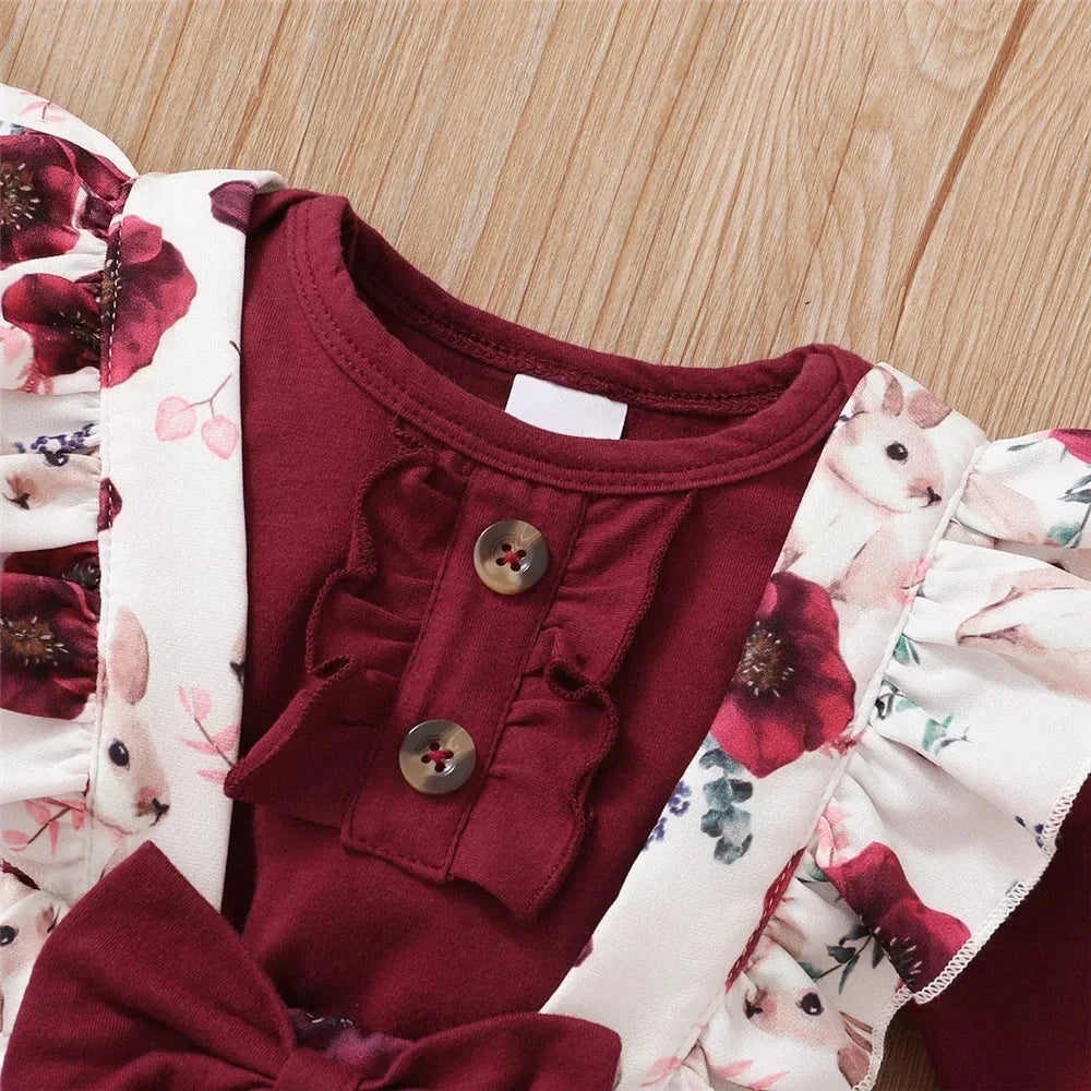 LUXBABY Gilfs 0-18 Months Red Long Sleeve Bodysuit + Flower Strap Pants 2PCS