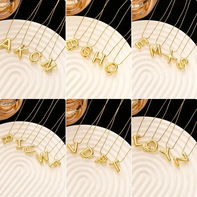 Stainless Steel Chain Gold Plated Letter Necklaces Chunky Alphabet Balloon Bubble Initial Pendant Necklace for Women Men Jewelry