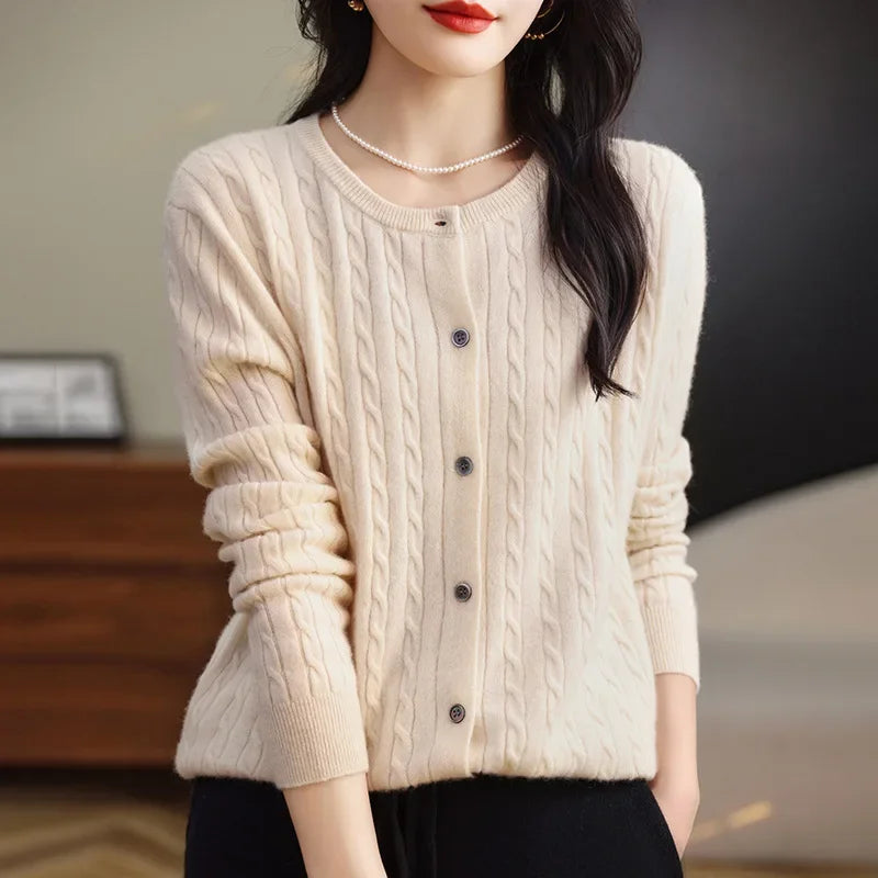 Long Sleeve Knitted O-neck Basic Thick Warm Cardigan