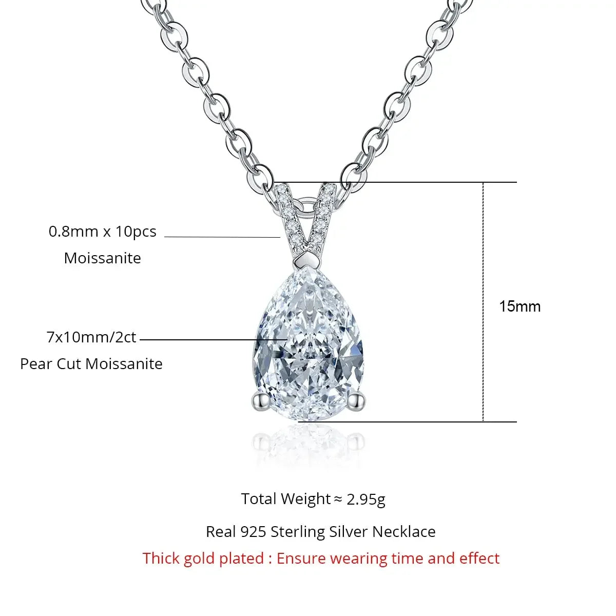 Pear Shape 2ct D Color Pear Cut Teardrop Moissanite Diamond Pendant 925 Sterling Silver Necklace