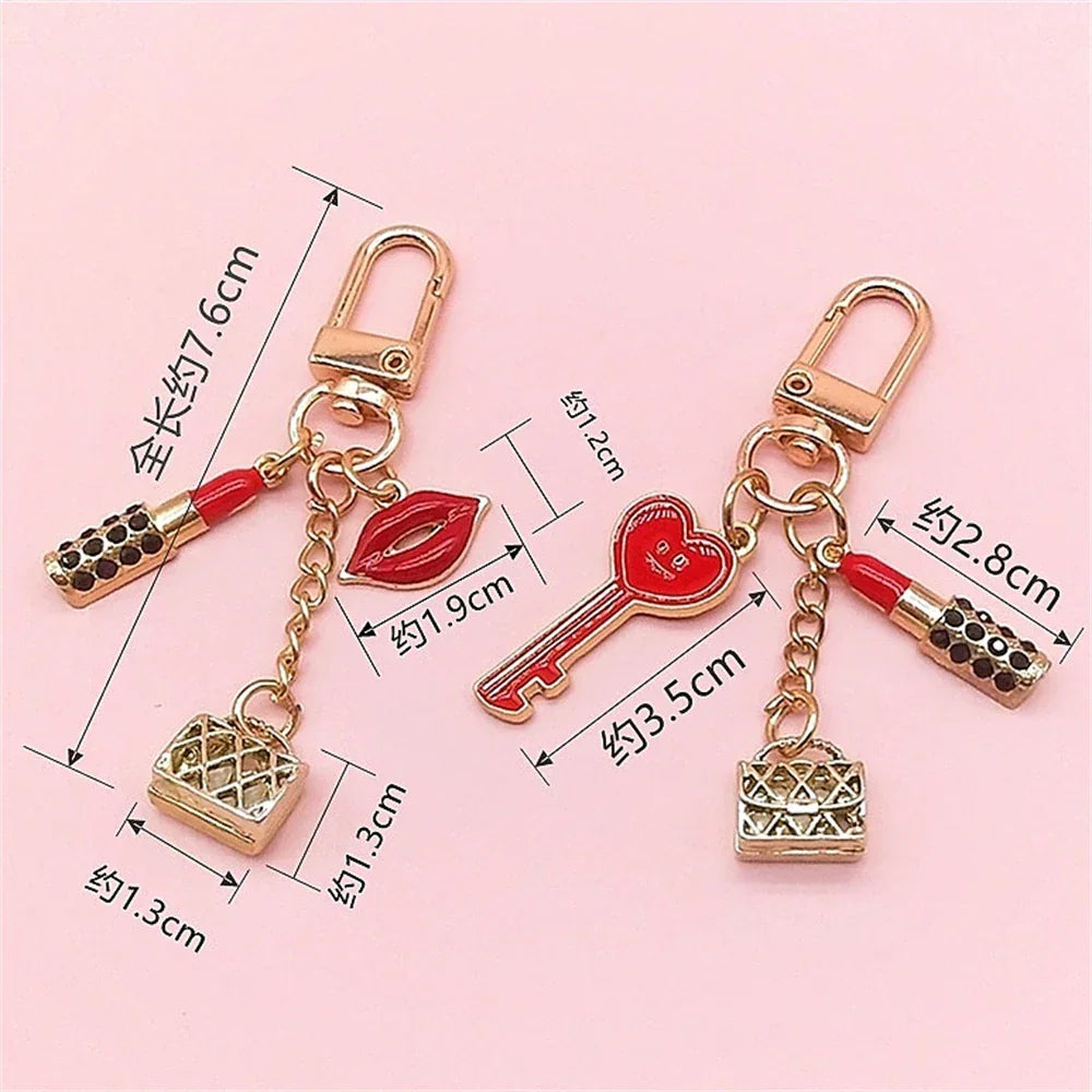 New Lipstick Lips Keychain with Black Rhinestones Key Ring Delicate Metal Pendant Charms for Women Girl Bag Car Accessories