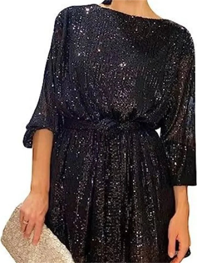 Women Loose Sparkly Prom Dresses 2023 Gold Black Silver Sequin Round Neck Short Party Dress With Belt Elegant Night Club Outfits