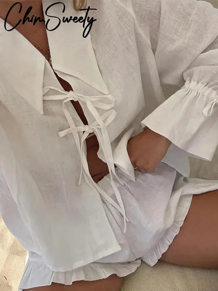 White Bow Lace Up Hollow Out Shirt Shorts Sets Women Loose Long Sleeve Ruffle Short Pant Suit Female 2024 Summer Lady Beach Set