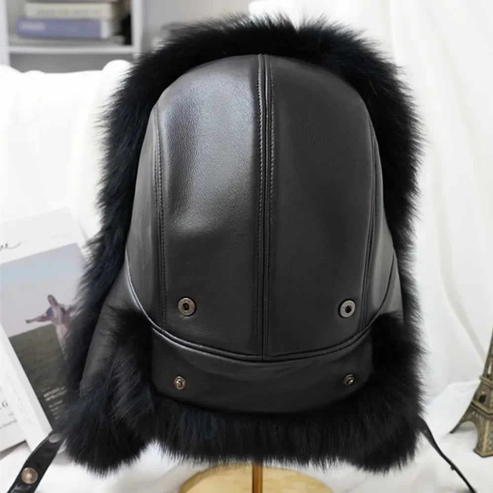New Winter Men's 100% Real Silver Fox Fur Bomber Hat Raccoon Fur Ushanka Cap Trapper Russian Man Ski Hats Caps Real Leather