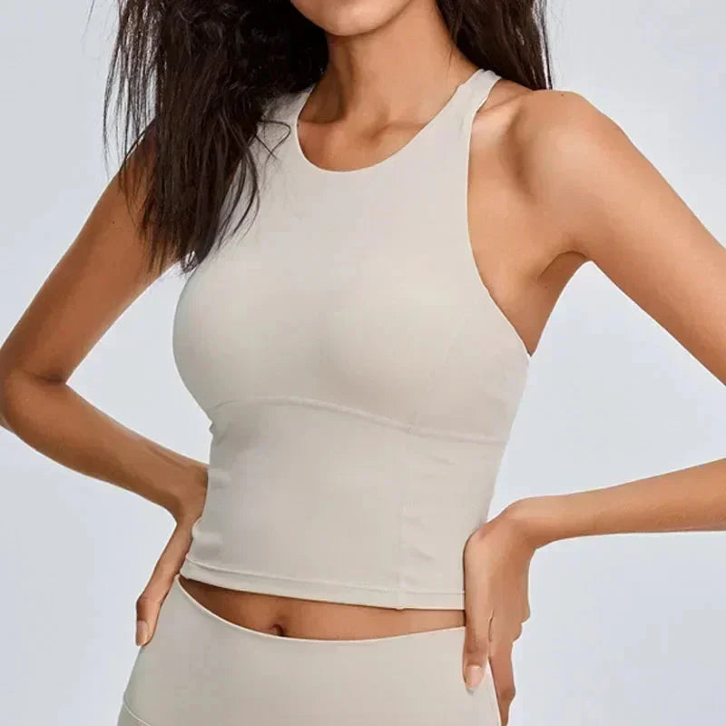 Women Shock Proof Running Fitness Crop Top Seamless Top Padded Workout Yoga Tanks Comfy Cross Back Wide Strap