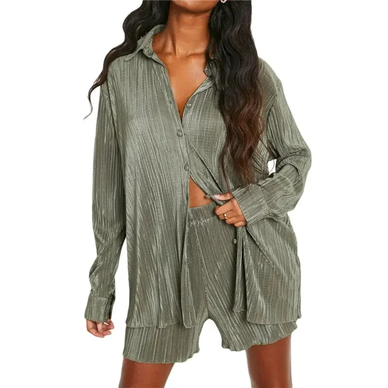 Essentials Long Sleeve Button Down Shirt Tops and Shorts Set