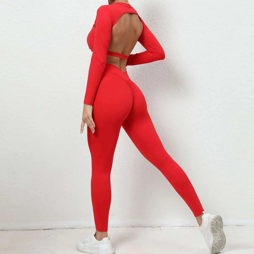 Seamless Backless Yoga Sets Sports Fitness High Waist Hip-lifting Trousers Long-Sleeved Suit Workout Gym Leggings Set for Women