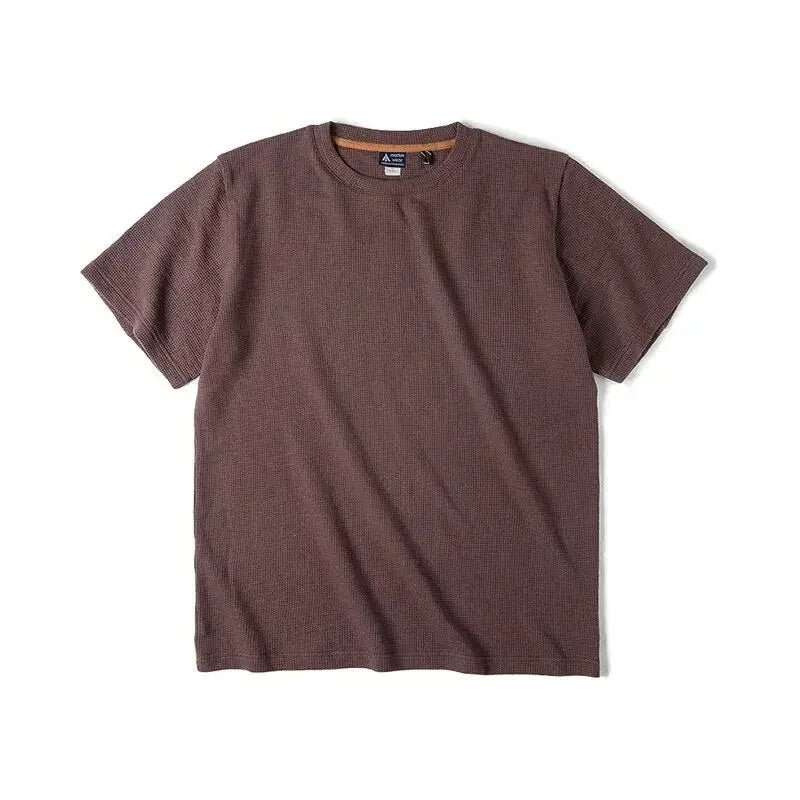 Maden Retro Round Neck Knit Waffle T-shirts for Men Loose Oversize Casual Short Sleeve Tee 2023 Summer Basic Solid Workwear Tops