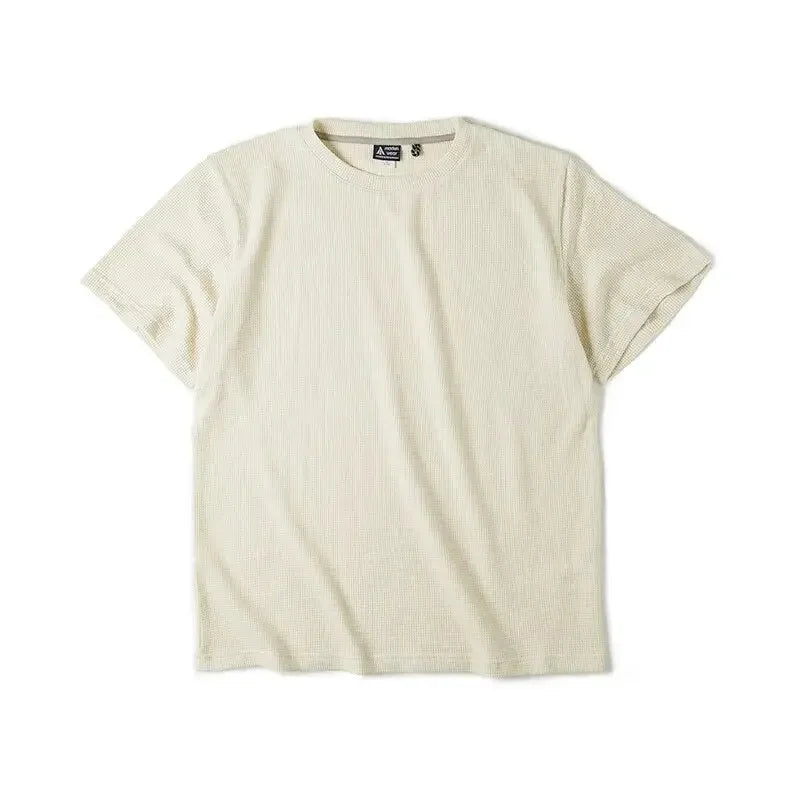 Maden Retro Round Neck Knit Waffle T-shirts for Men Loose Oversize Casual Short Sleeve Tee 2023 Summer Basic Solid Workwear Tops