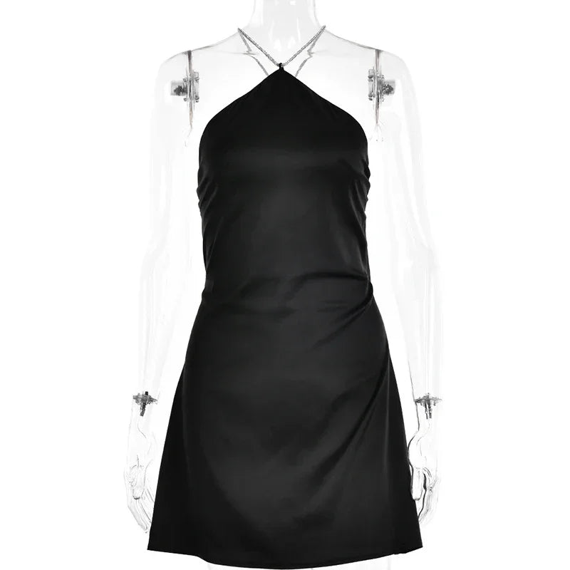 Criss Cross Backless Mini Satin Dress Black Draped Short Cocktail Prom Dress Sleeveless A-line Elegant And Pretty Women's Dresse