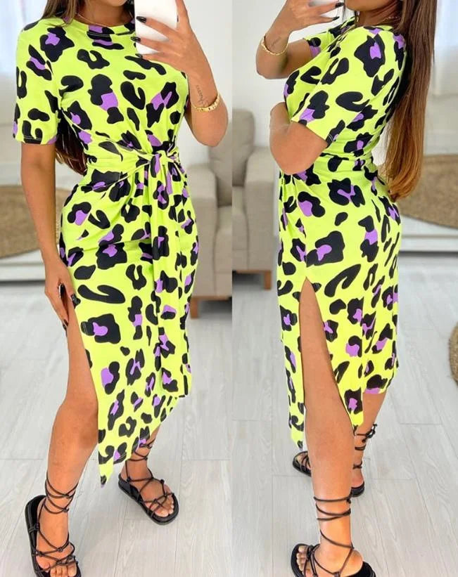 White Leopard Print Dress Tied Detail Slit Side Split Dress