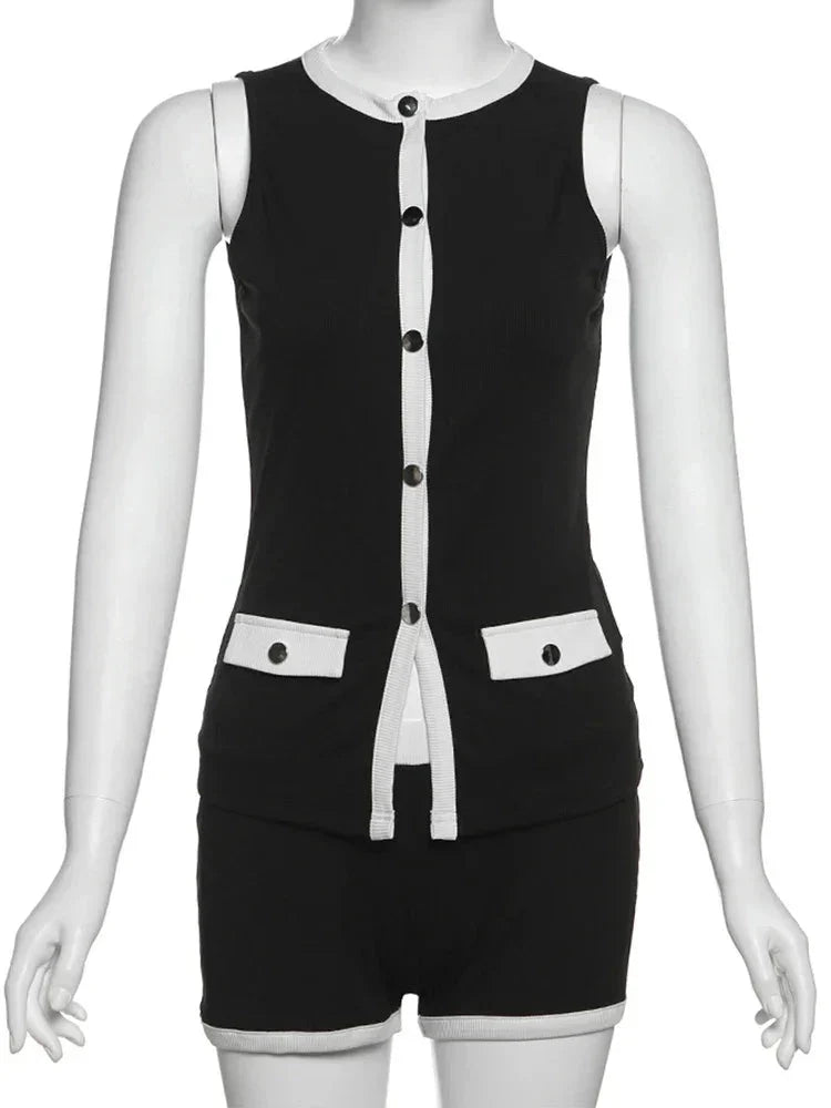 Cutenew Classic Women 2 Piece Set Trend Panelled Single Breasted Sleeveless Tanks+Elastic Waist Shorts Female Matching Outfits