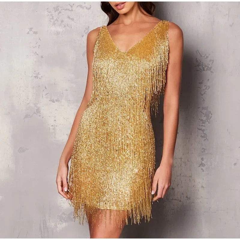 Fringe Sequin Feather Event Dress