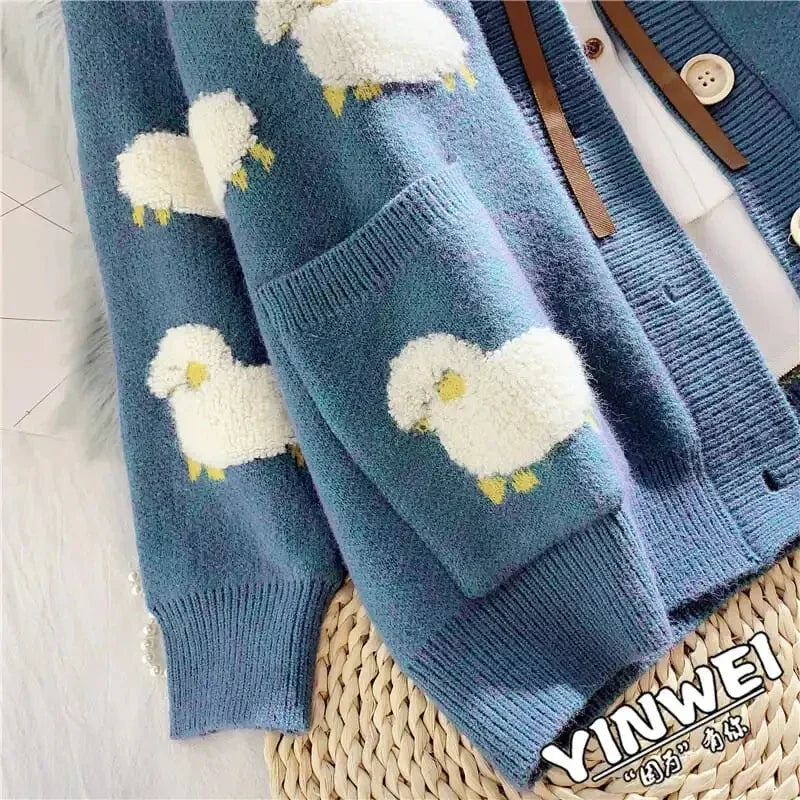 Sheep Cartoon V-Neck Long Sleeve Loose Knitted Sweater Women's Cardigan Korean Fashion Autumn Winter Thick Cardigan For Women
