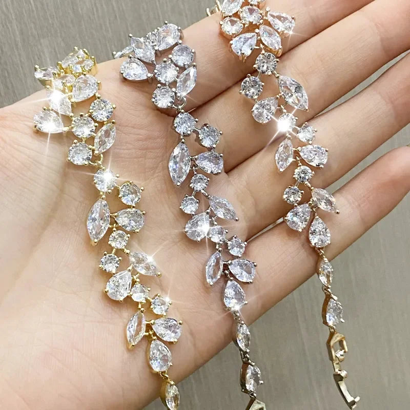 Uilz Luxury Leaf Shaped Bracelet White Gold Color AAA Cubic Zirconia Bracelets Gift for Women Prom Evening Party Jewelry