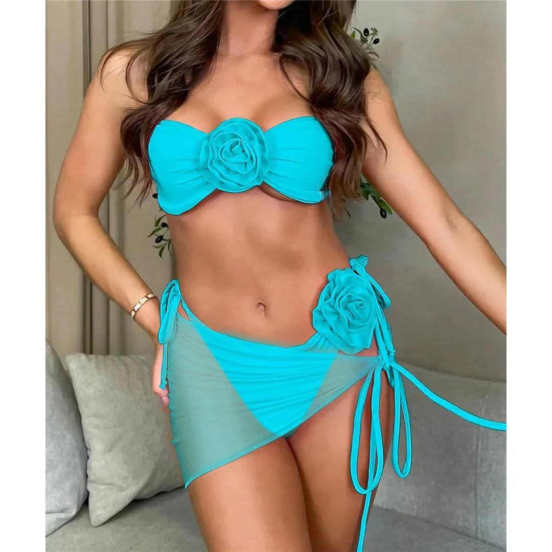 New 3D Flowers With Sarong Bandeau Bikini Female Swimsuit Women Swimwear Three-pieces Bikini set Bather Bathing Suit Swim V5526
