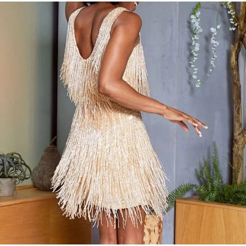 Fringe Sequin Feather Event Dress