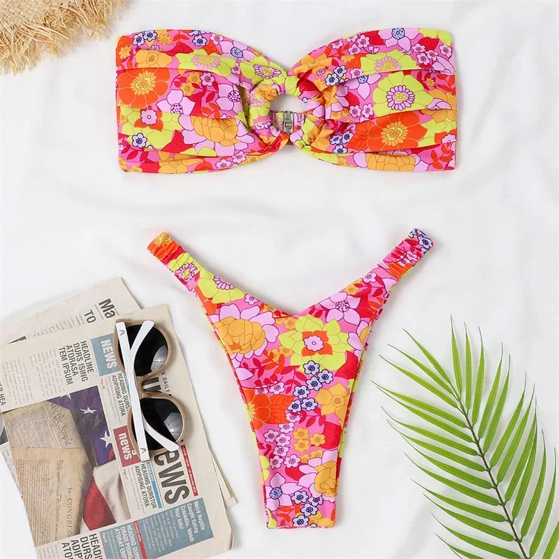 Para Praia Print Bandeau Swimsuit 2023 Sexy Thong Swimwear Women Brazilian Bikini Set Strapless Biquini Beachwear Bathing Suit