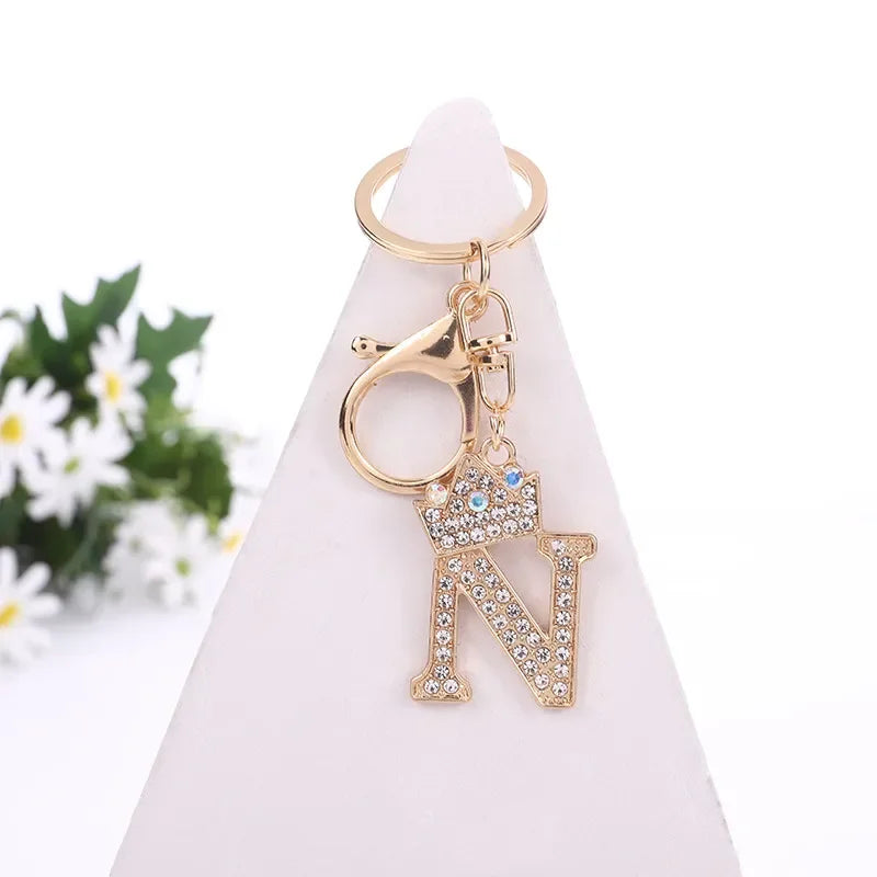 Luxury Crown 26 Letter Metal Keyring Fashion Rhinestone Keychain