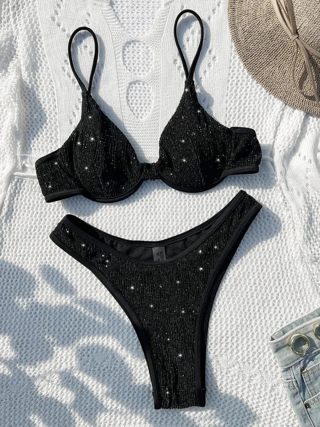 Swimsuit Women 2023 Black Shiny Bikini Sexy High Waist 2 Piece Swimwear Steel Support Female V-neck Beach Bathing Suit YX1378X