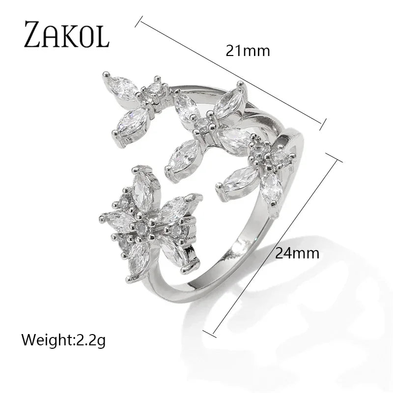 ZAKOL Korea Shiny Cubic Zircon Leaf Shape Open Rings for Women Fashion Geometry Crystal Finger Ring Anillos for Party Jewelry