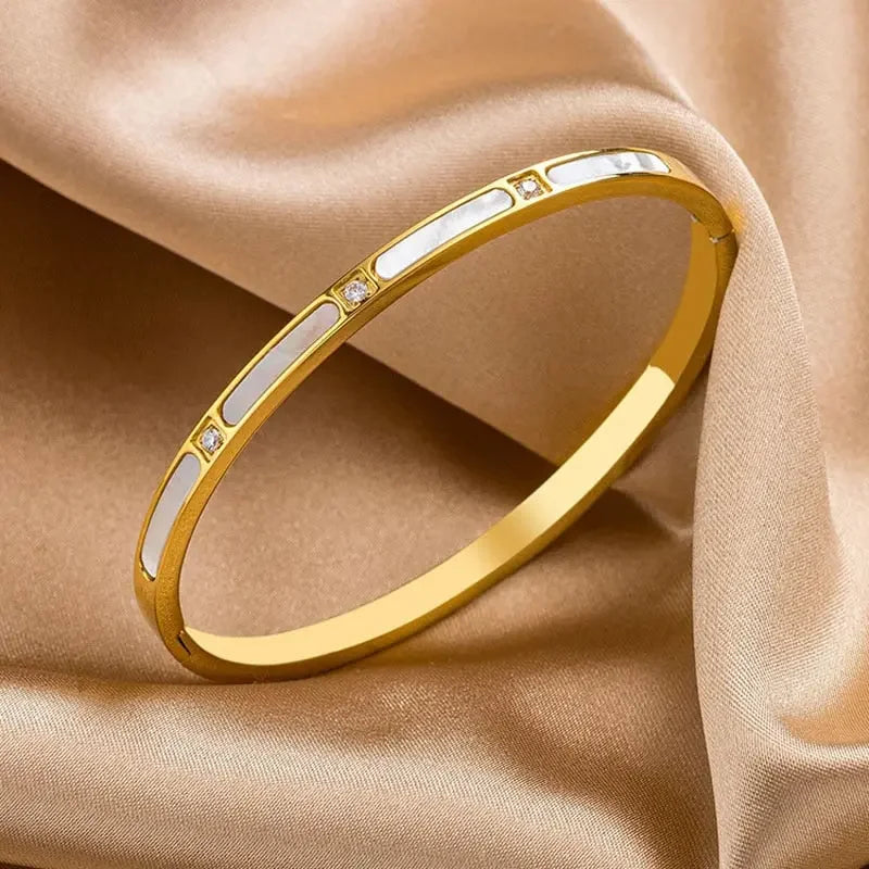Luxury Natural Shell With Zircon Bangle Bracelets Stainless Steel for Woman's Jewelry Rose Gold Color Wristband Bangles Gift