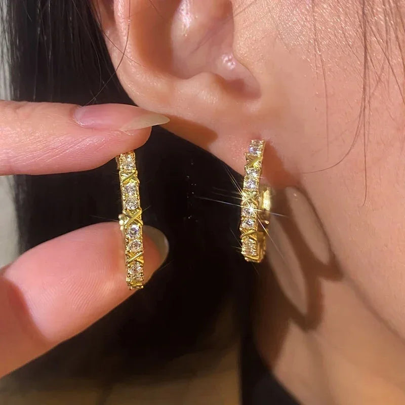 Huitan Novel Women's Hoop Earrings Gold Color Exquisite Cubic Zirconia Circle Earrings Daily Wear Fashionable Female Jewelry Hot