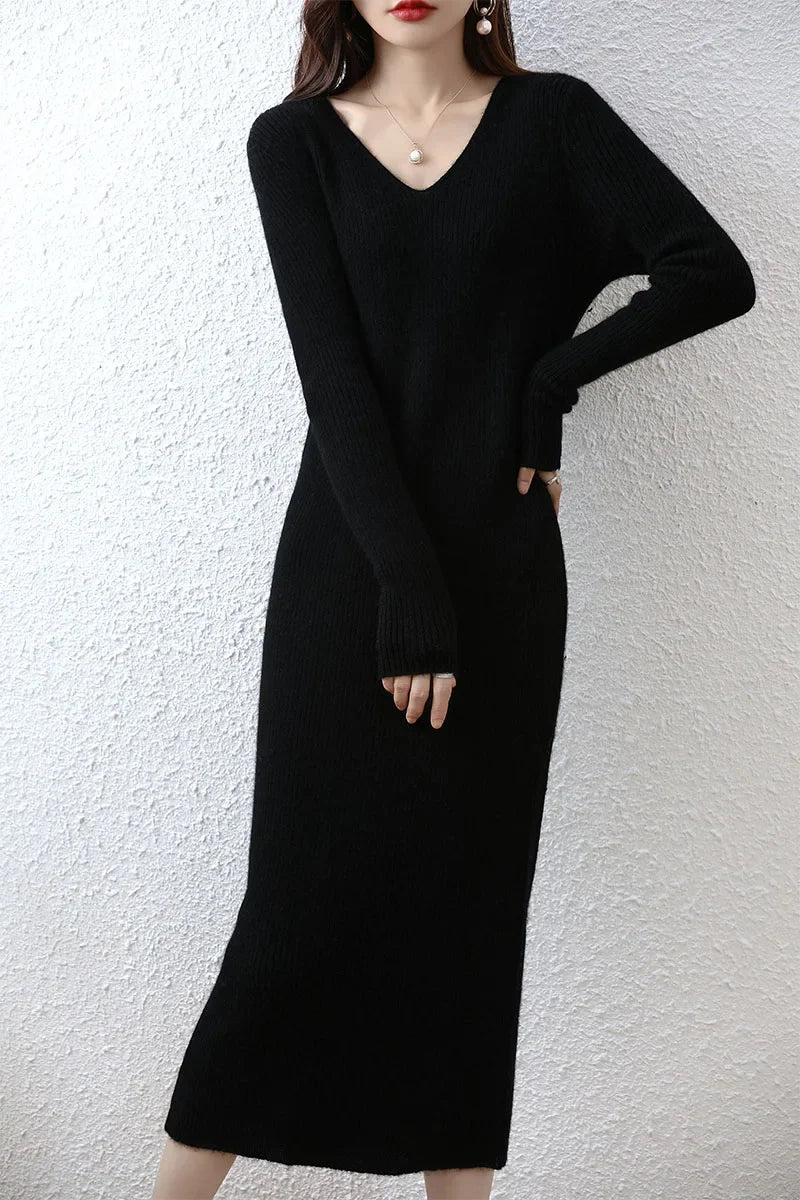 Elegant Long Sleeve Ribbed 100% Merino Wool Sweater Dress