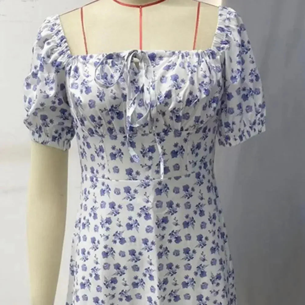 2024 New Summer Casual Off Shoulder Tie Up Floral Print A-Line Dress Sexy Women Short Sleeve Slim Mini Dress for Club Party