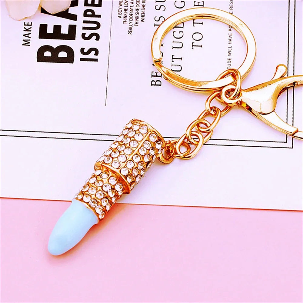 New Lipstick Lips Keychain with Black Rhinestones Key Ring Delicate Metal Pendant Charms for Women Girl Bag Car Accessories