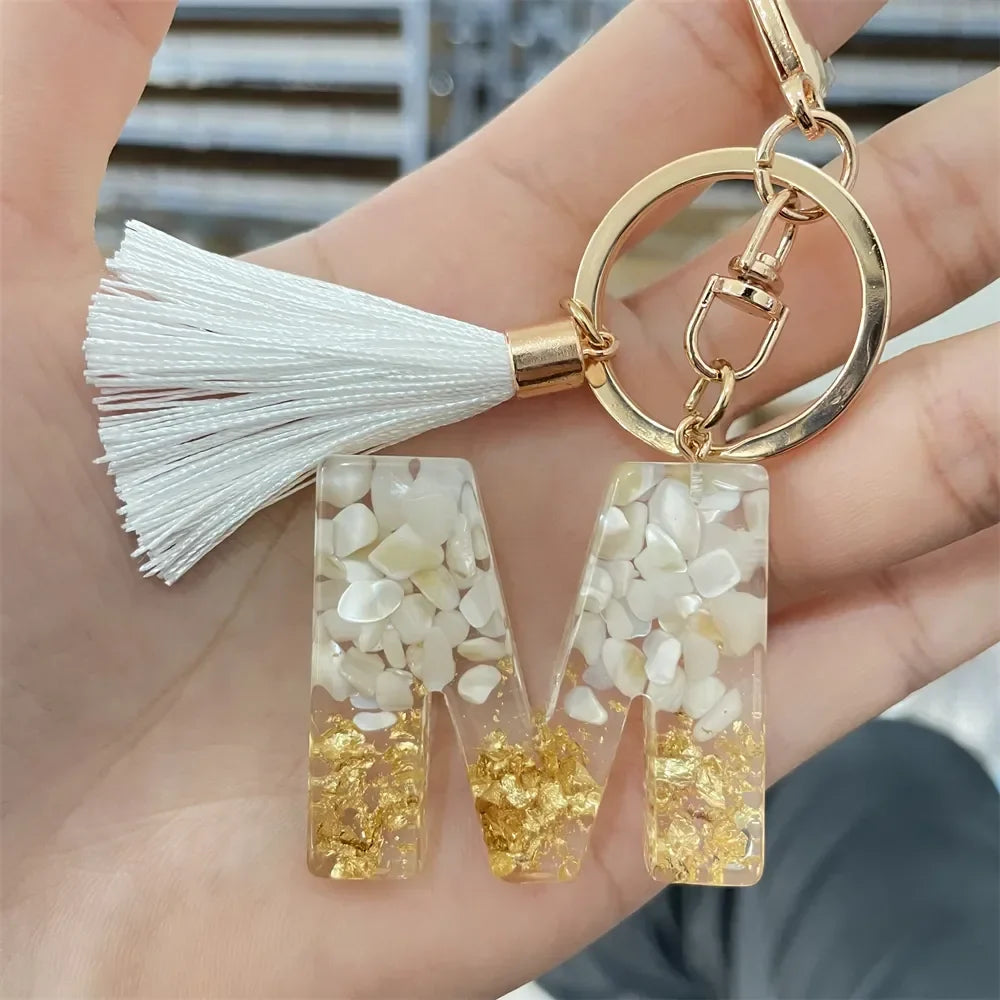 Fashion Bling A to Z Letter Keychain With White Tassel 26 Initial Keychain Car Key Holder Handbag Accessories
