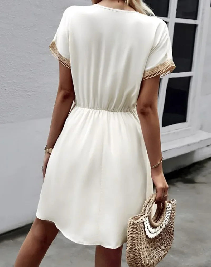 Short Sleeve V-neck Ruffle Waist Cross-border  Elastic Waist Dress