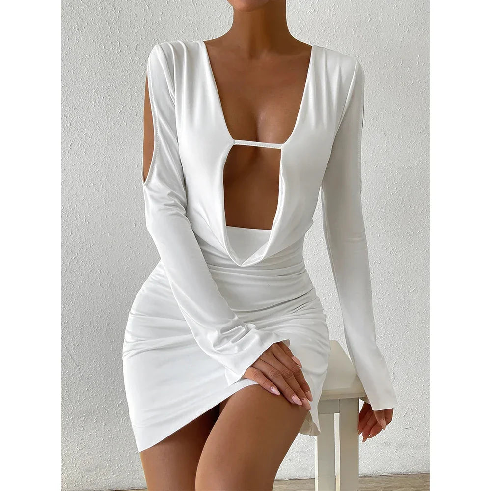 Sexy Hollow Out White Mini Dresses Autumn Long Sleeved Pleated Bodycon Dress for Women Night Club Backless Slim Party Dresses