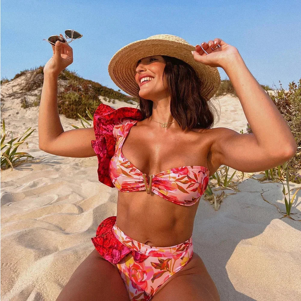 2024 Sexy Bikini Set Women High Waist Classic Off Solid Ruffle Sleeves Swimwear Red Separate Deep V Swimsuit Vintage Beach Set