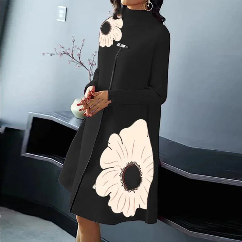 New Autumn Winter Women Long Sleeved High Split Design Dress Female Flower Printed Loose A-Line Dress Lady Half Turtleneck Dress