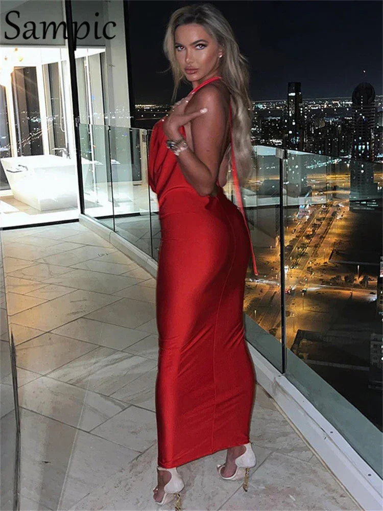 Sampic New Fashion Summer Women Clothes 2022 Red Long Wrap Halter Satin Dress Sexy Deep V Neck Party Night Club Backless Dress