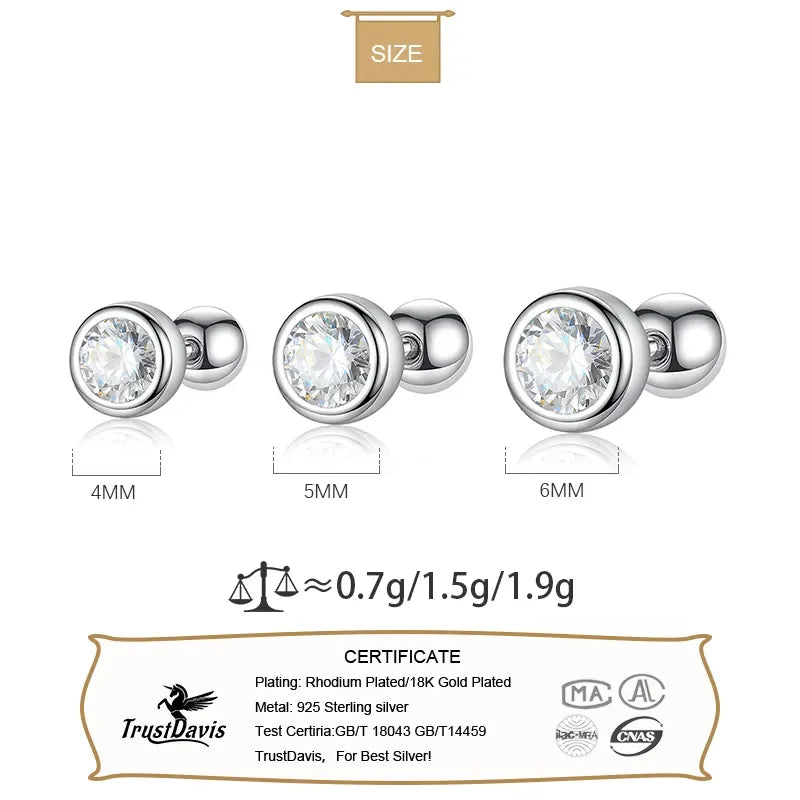 Trustdavis Real 925 Sterling Silver Fashion Round 4/5/6mm CZ Beads Screw Stud Earrings For Women Wedding Fine Jewelry DA2269