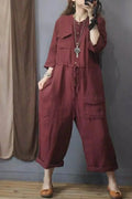 Cotton Linen Playsuit Oversize Jumpsuits Women Long Sleeve One Piece Outfit Women High Waist Pants Overalls for Women Clothes