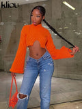 Kliou 2022 Autumn and Winter Sweater Solid Women Casual Simple Long Sleeve O-Neck Classic Skinny Bare Midriff Female Streetwear
